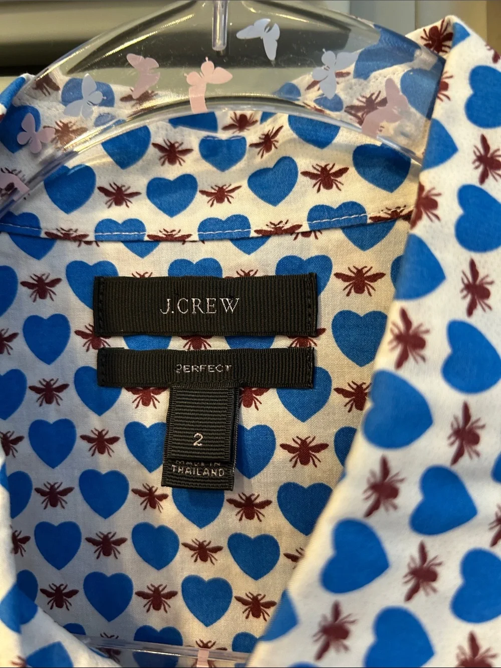 J. Crew Vintage White Perfect Fit Button-Up Shirt Blue Heart Bee Print 2